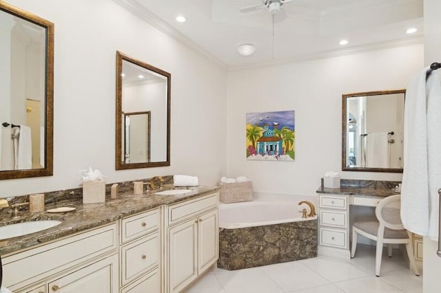 bathroom featuring ornamental molding, vanity, ceiling fan, tiled bath, and tile patterned flooring