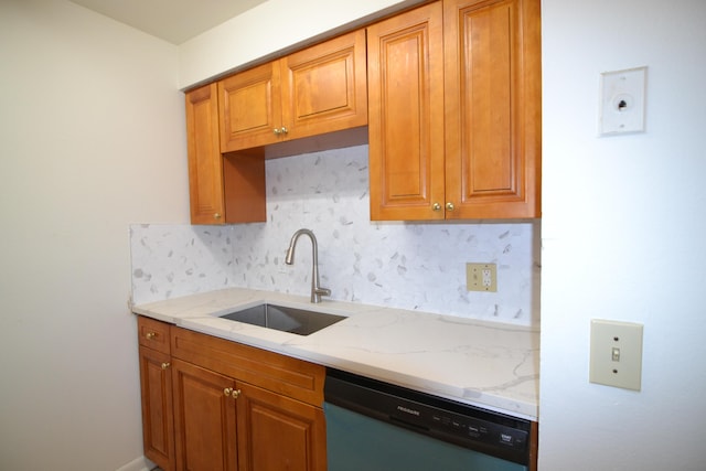 kitchen with sink, dishwasher, light stone countertops, and backsplash