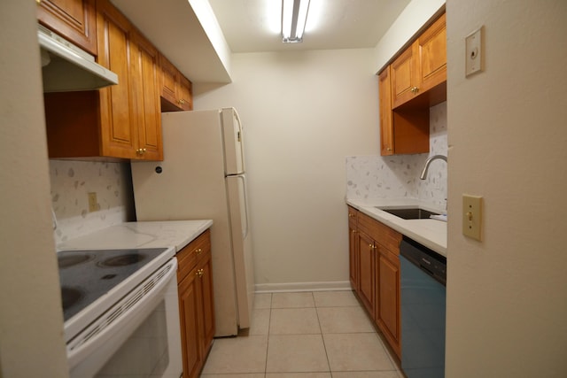 kitchen featuring sink, tasteful backsplash, dishwasher, white electric stove, and light tile patterned flooring