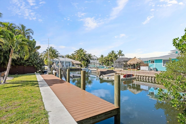 view of dock featuring a water view and a yard