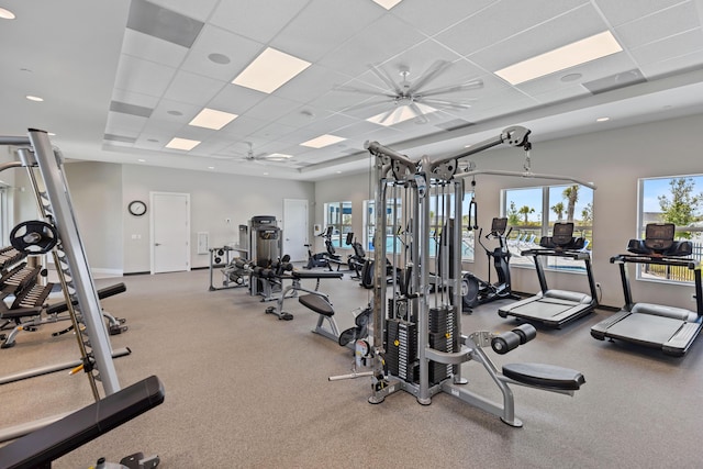 workout area with a drop ceiling and ceiling fan