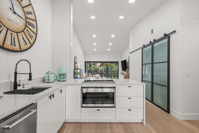 kitchen featuring stainless steel dishwasher, a barn door, sink, and white cabinets