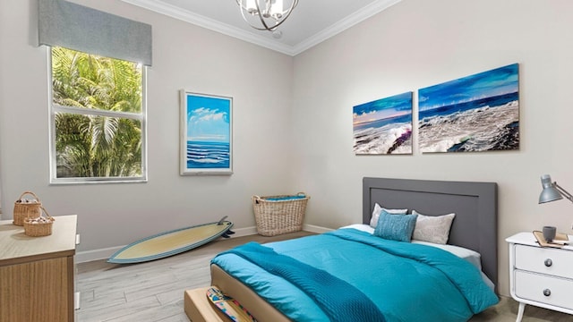 bedroom featuring an inviting chandelier, crown molding, and light hardwood / wood-style flooring