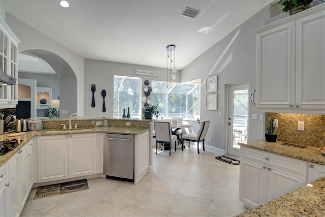 kitchen with sink, dishwasher, hanging light fixtures, backsplash, and white cabinets