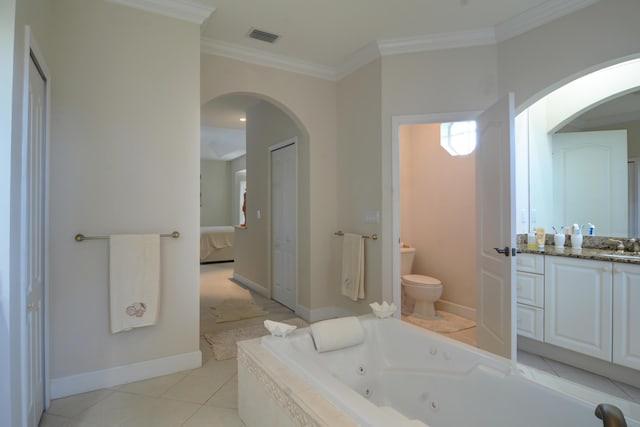 bathroom with vanity, tile patterned flooring, ornamental molding, and toilet