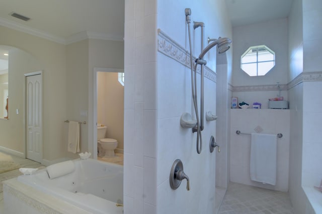 bathroom featuring ornamental molding, shower with separate bathtub, and toilet