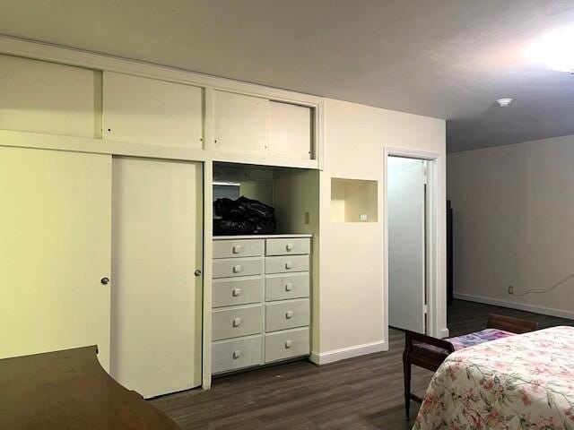 bedroom with dark hardwood / wood-style floors