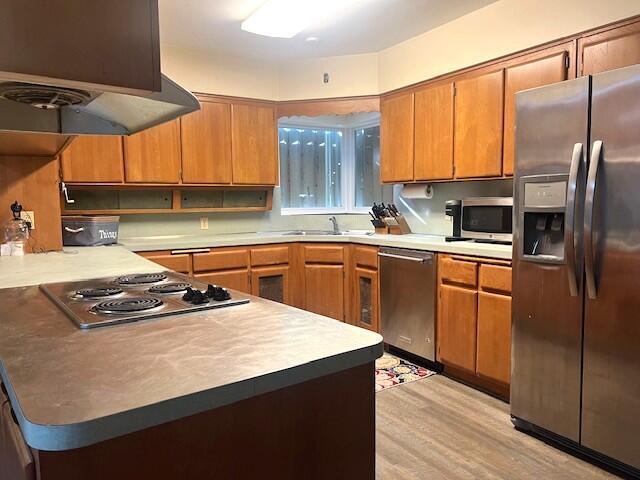 kitchen featuring extractor fan, appliances with stainless steel finishes, sink, and light hardwood / wood-style flooring