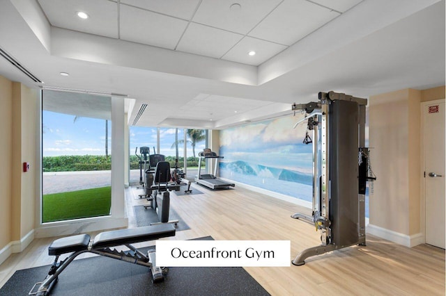 3211 S Ocean Blvd Unit 802, Highland Beach, FL 33487 - gym featuring baseboards, wood finished floors, a tray ceiling, floor to ceiling windows, and recessed lighting
