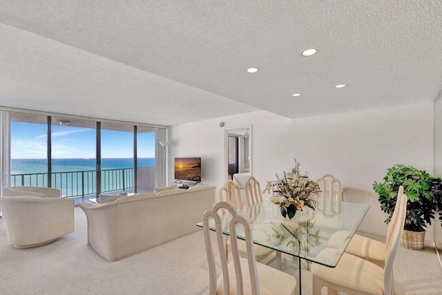 carpeted dining space with a water view and a textured ceiling