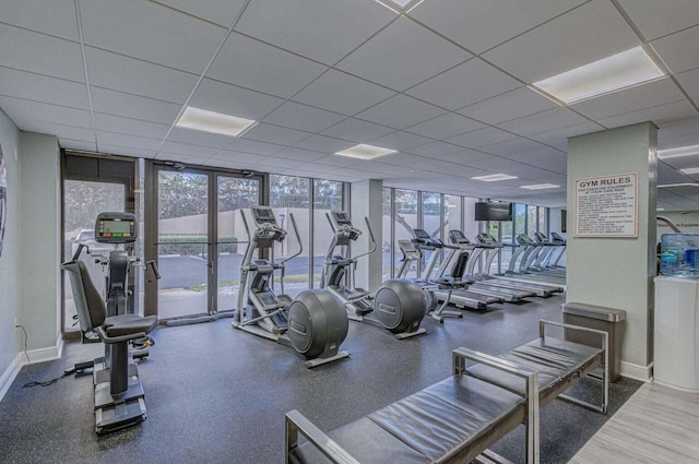 workout area with a wealth of natural light, expansive windows, and a paneled ceiling