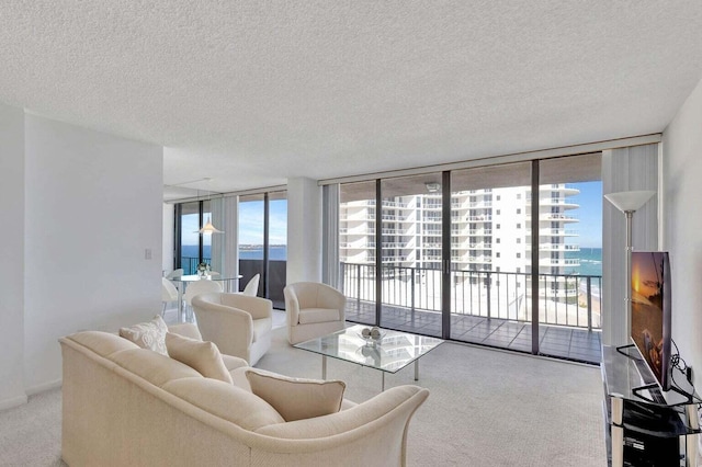 carpeted living room featuring floor to ceiling windows, plenty of natural light, and a textured ceiling