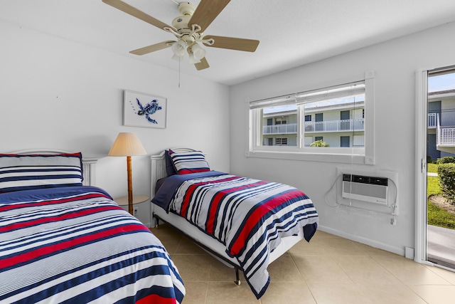 tiled bedroom featuring multiple windows, access to exterior, an AC wall unit, and ceiling fan