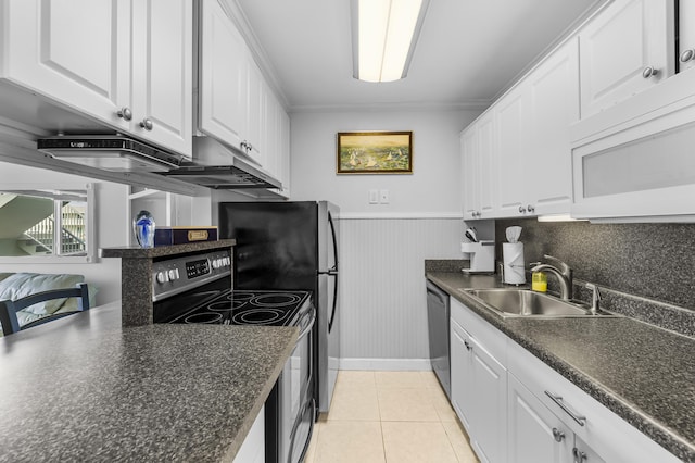 kitchen with sink, light tile patterned floors, dishwasher, electric stove, and white cabinets