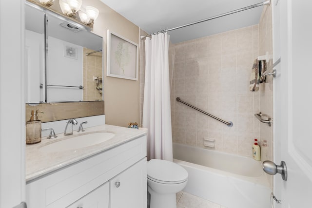 full bathroom featuring vanity, shower / bathtub combination with curtain, tile patterned floors, and toilet