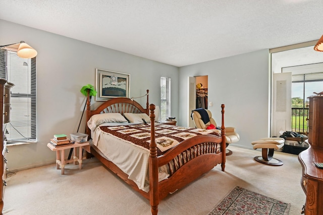 bedroom featuring a walk in closet, a textured ceiling, carpet, and access to outside