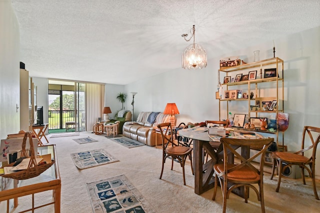 carpeted dining area featuring an inviting chandelier, expansive windows, and a textured ceiling