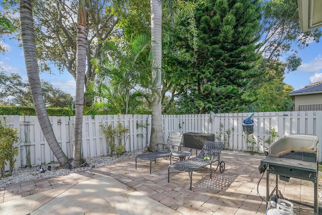 view of patio with area for grilling and a fenced backyard