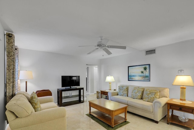 living room featuring ceiling fan