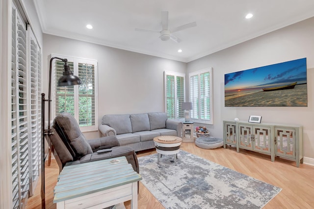 6718 Jog Palm Dr, Boynton Beach, FL 33437 - living room featuring a ceiling fan, light wood finished floors, crown molding, and recessed lighting