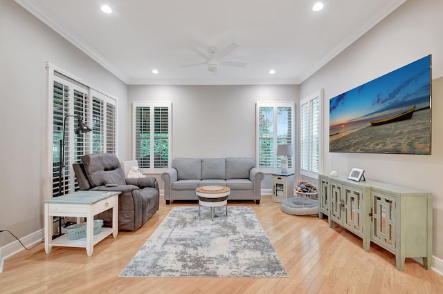 6718 Jog Palm Dr, Boynton Beach, FL 33437 - living room featuring light wood finished floors, recessed lighting, ceiling fan, crown molding, and baseboards