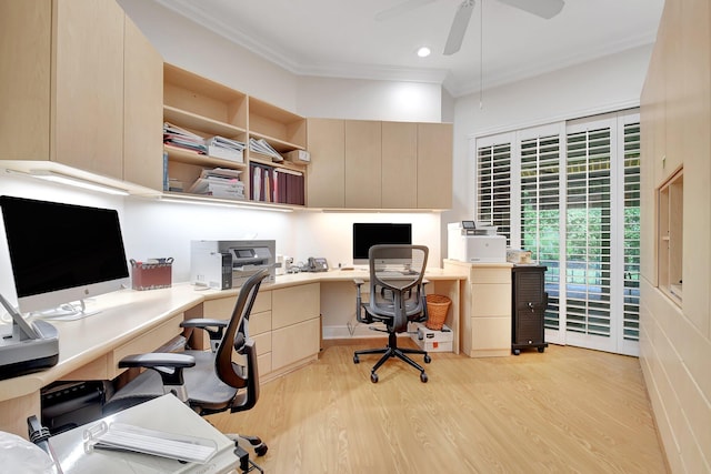 6718 Jog Palm Dr, Boynton Beach, FL 33437 - office featuring ceiling fan, crown molding, light wood-type flooring, recessed lighting, and built in study area