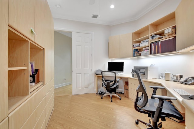 6718 Jog Palm Dr, Boynton Beach, FL 33437 - office with built in study area, light wood-style flooring, crown molding, and recessed lighting