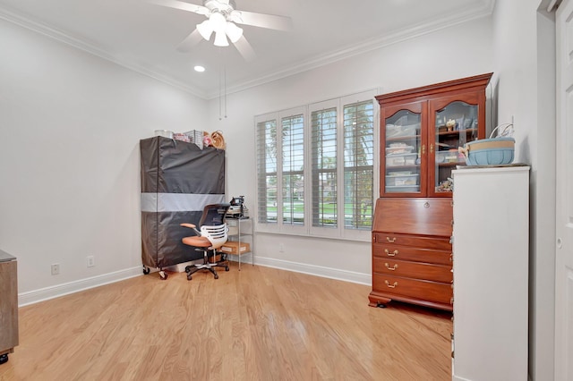 6718 Jog Palm Dr, Boynton Beach, FL 33437 - bedroom featuring light wood-style flooring, crown molding, baseboards, ceiling fan, and recessed lighting