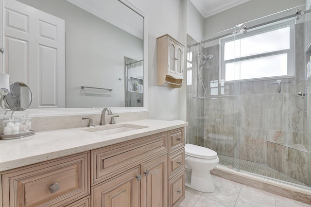 6718 Jog Palm Dr, Boynton Beach, FL 33437 - bathroom with a stall shower, toilet, crown molding, vanity, and tile patterned flooring
