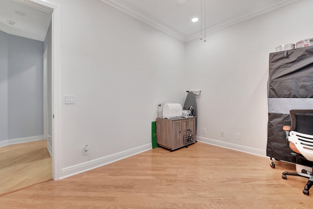 6718 Jog Palm Dr, Boynton Beach, FL 33437 - home office featuring crown molding, light wood finished floors, attic access, baseboards, and recessed lighting