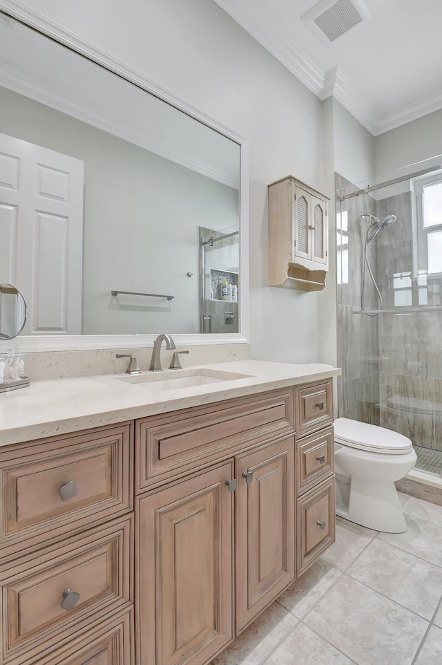6718 Jog Palm Dr, Boynton Beach, FL 33437 - bathroom with a stall shower, toilet, vanity, and ornamental molding