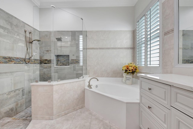 6718 Jog Palm Dr, Boynton Beach, FL 33437 - full bathroom with walk in shower, a garden tub, tile patterned flooring, and tile walls