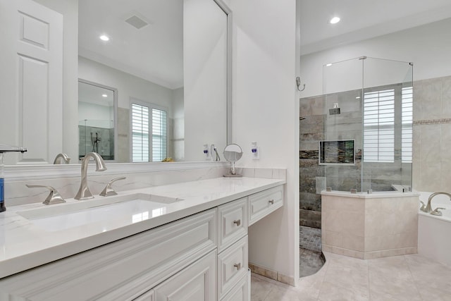 6718 Jog Palm Dr, Boynton Beach, FL 33437 - bathroom with tiled shower, vanity, recessed lighting, and a garden tub