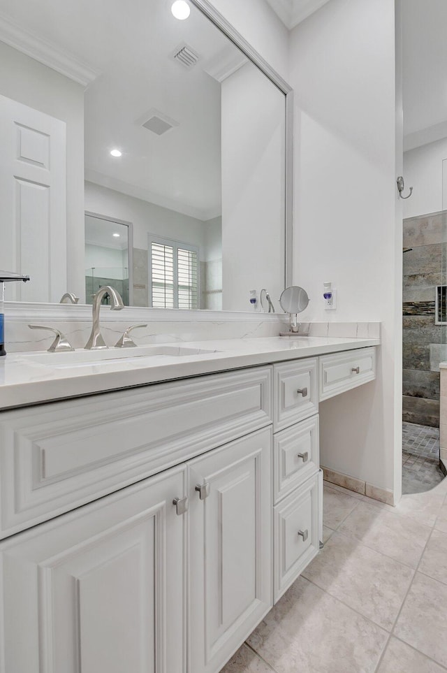 6718 Jog Palm Dr, Boynton Beach, FL 33437 - bathroom featuring a walk in shower, vanity, recessed lighting, and tile patterned flooring