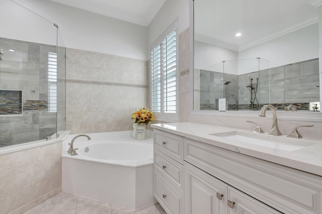 6718 Jog Palm Dr, Boynton Beach, FL 33437 - bathroom featuring a tile shower, tile walls, a garden tub, vanity, and tile patterned flooring