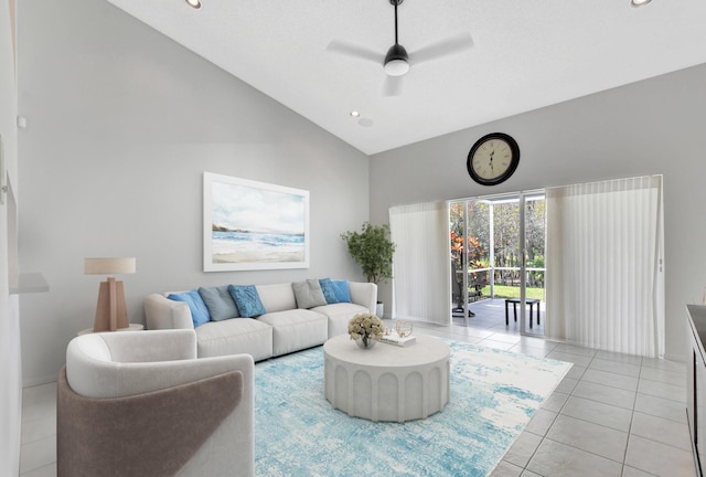 21117 Via Solano, Boca Raton, FL 33433 - living area with high vaulted ceiling, recessed lighting, a ceiling fan, and light tile patterned floors