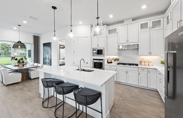 kitchen with white cabinetry, appliances with stainless steel finishes, sink, and a kitchen island with sink