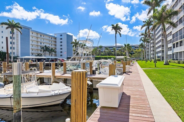 view of dock featuring a water view and a lawn