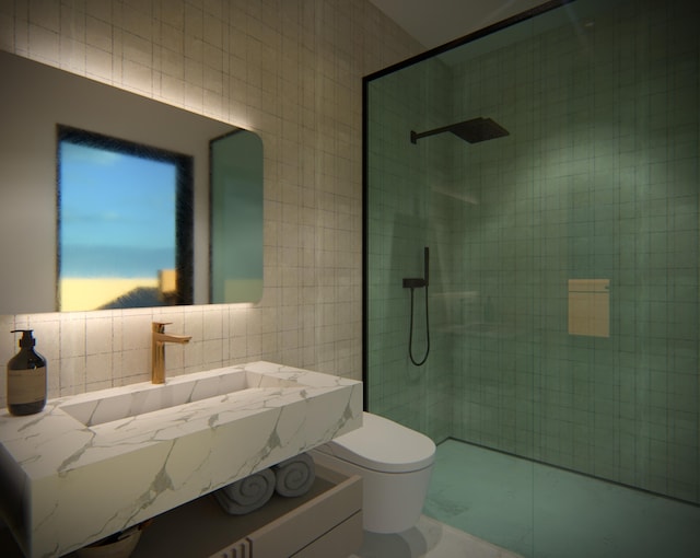 750 NE 69th St, Boca Raton, FL 33487 - bathroom featuring vanity, toilet, tile walls, and tiled shower