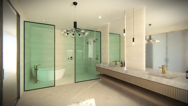 750 NE 69th St, Boca Raton, FL 33487 - bathroom with vanity, tile patterned flooring, separate shower and tub, and an inviting chandelier