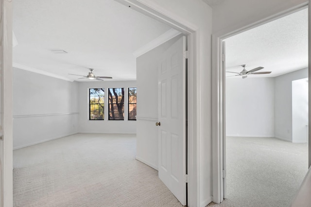 hall featuring light carpet and ornamental molding