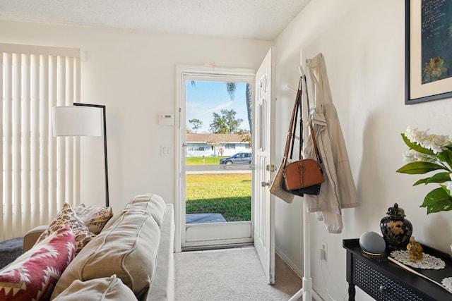 doorway featuring carpet flooring and a textured ceiling