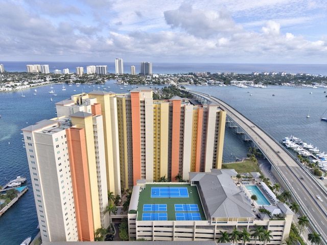 birds eye view of property featuring a water view