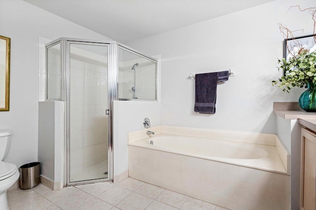 full bathroom with plus walk in shower, vanity, tile patterned floors, and toilet