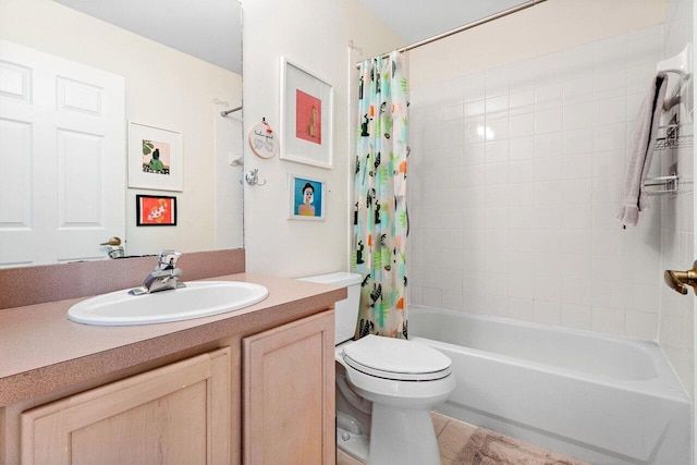 full bathroom with vanity, toilet, and shower / bath combo with shower curtain