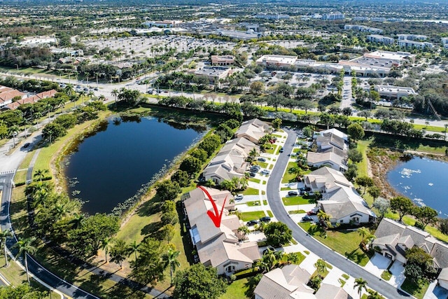 aerial view featuring a water view