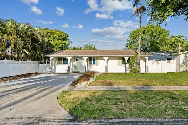 ranch-style home featuring a front lawn