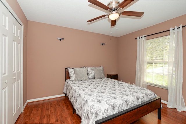 bedroom with dark hardwood / wood-style flooring, a closet, and ceiling fan