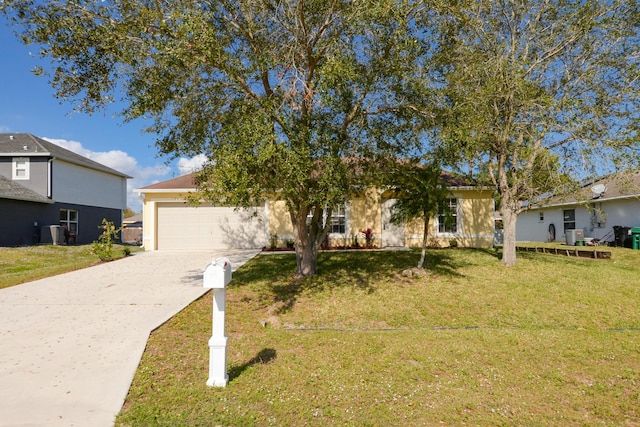 view of front of property with cooling unit, a garage, and a front lawn