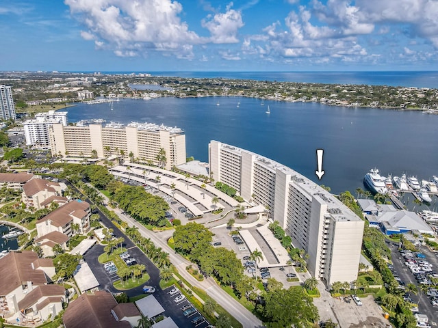 aerial view featuring a water view